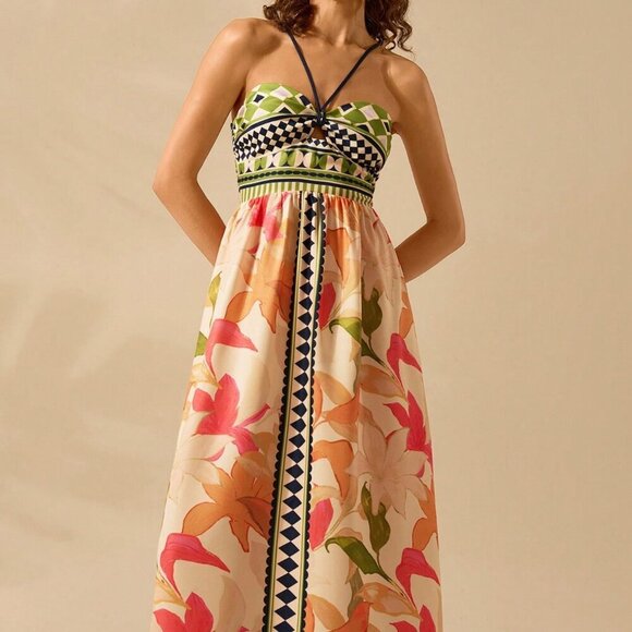 Multicolor Boho Women's Floral Print Hollow Out Sleeveless Extra Long Dress - Picture 4 of 7